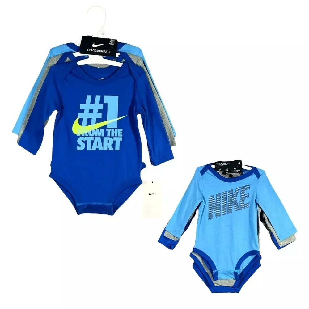 Nike Baby Boy's Long Sleeve Bodysuits Size 3-9 Months Blue/Multicolor 3-Pack Set